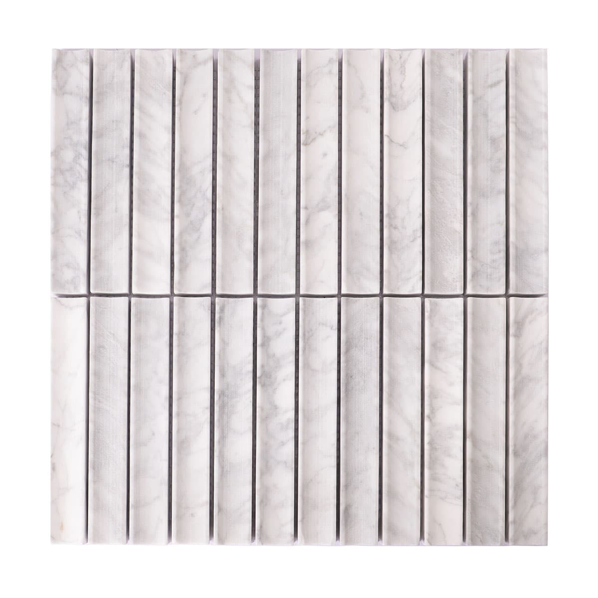 Front view of white marble fluted mosaic tile sheet