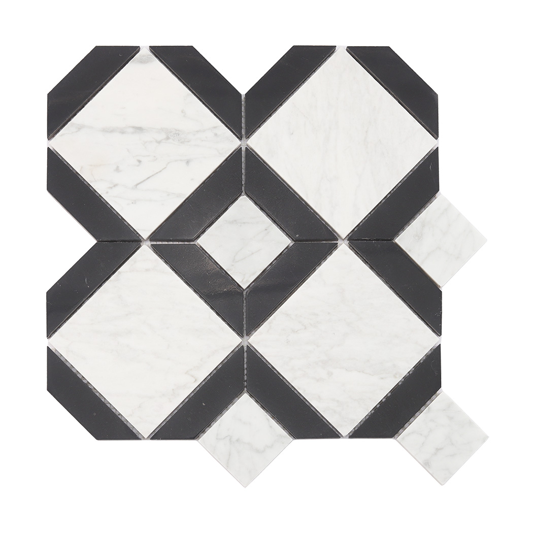 White marble geometric mosaic tile with black frame accents