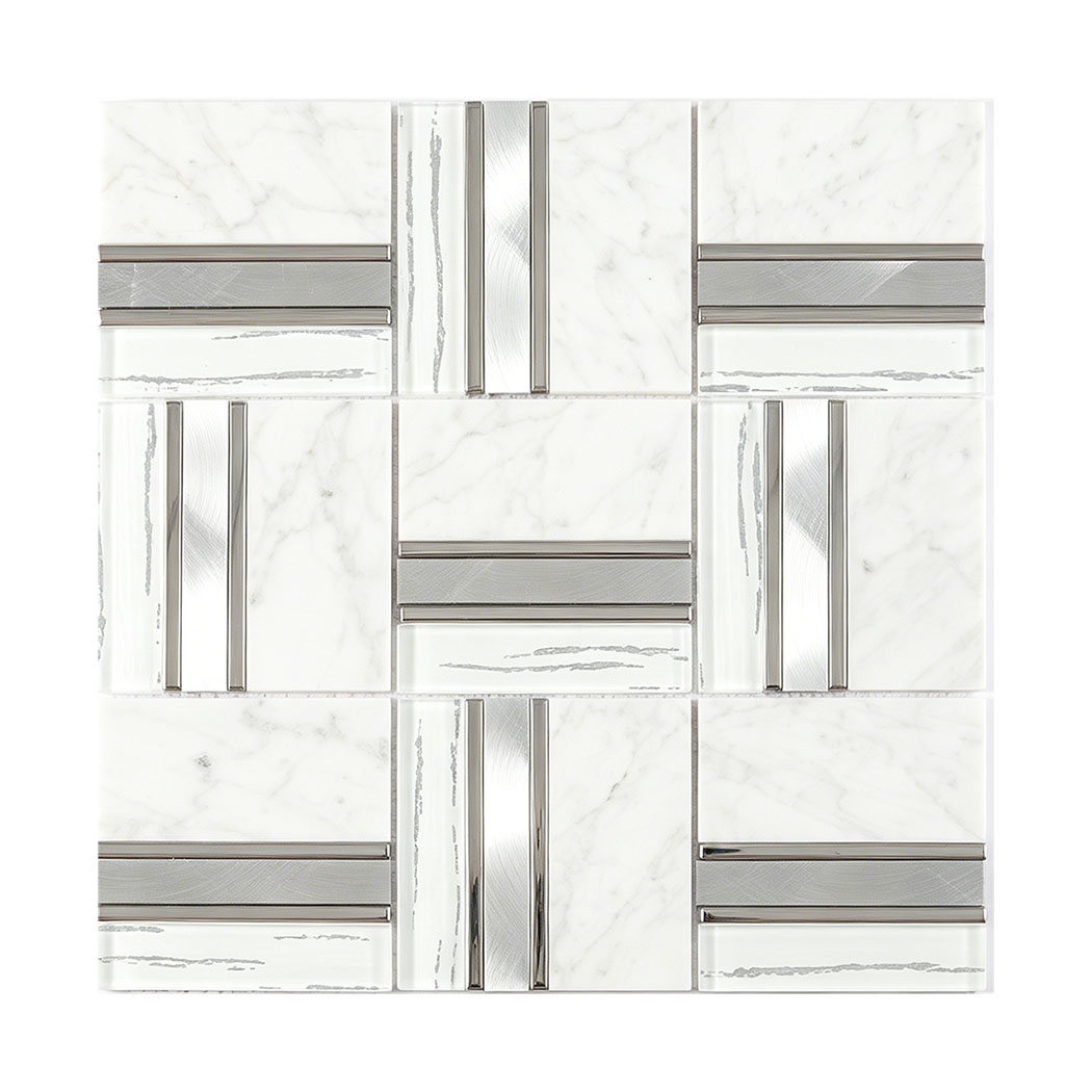 White marble and glass square mosaic with silver metal linear accents
