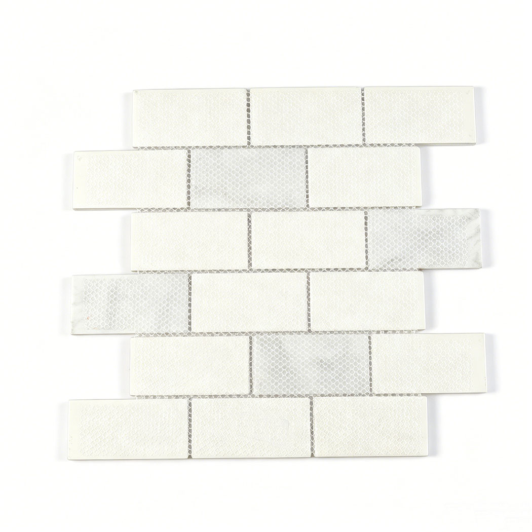 Back view of white marble glass subway mosaic on mesh backing
