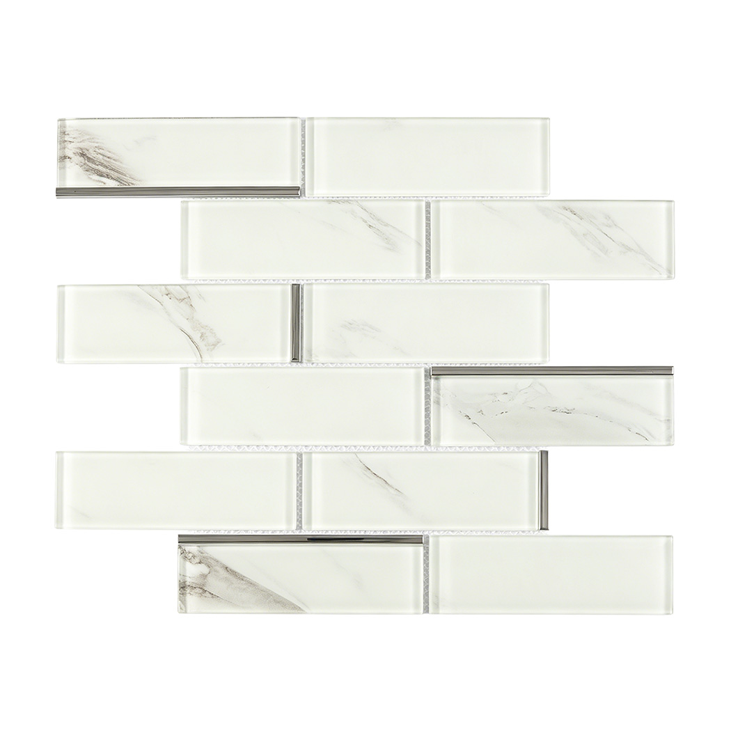 White marble glass subway tile in staggered pattern with slim silver accents