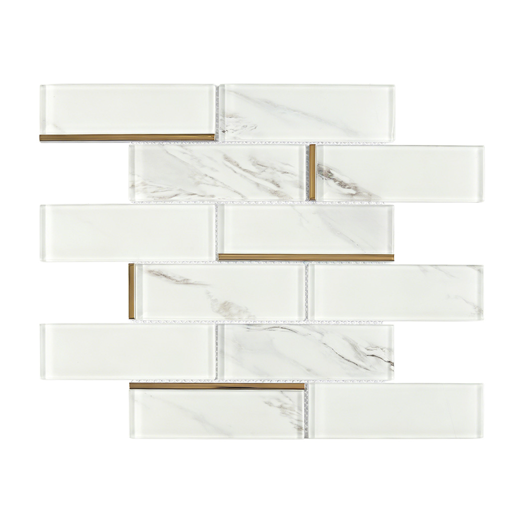 White marble glass subway tile in staggered pattern with slim gold line accents