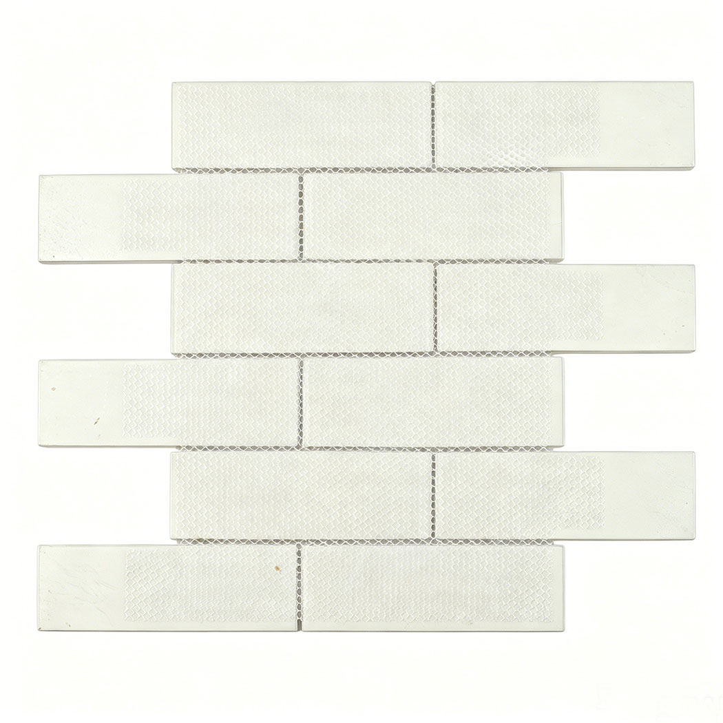 Back side of white marble glass subway tile sheet with mesh backing