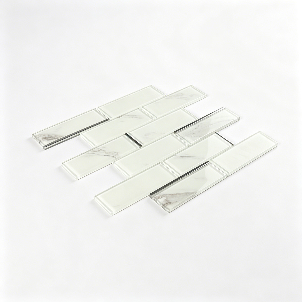 White marble glass subway tile sheet in angled view with slim silver accents