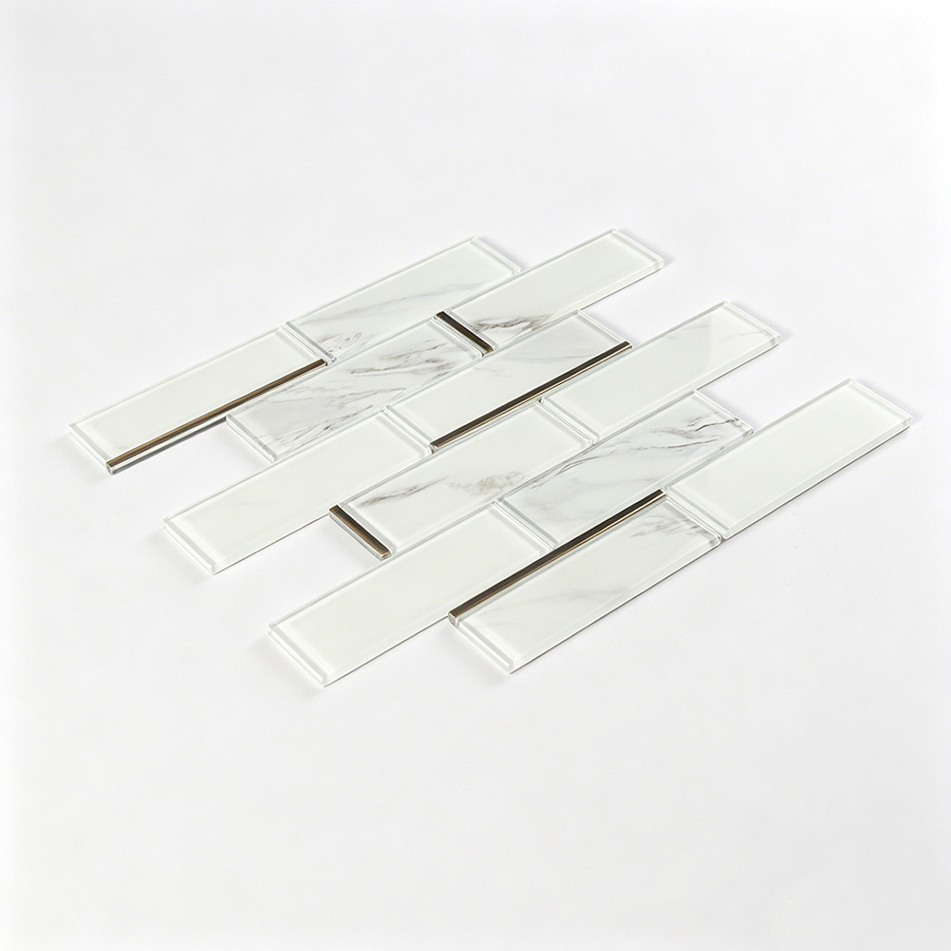 White marble glass subway tile sheet in angled view with gold linear accents