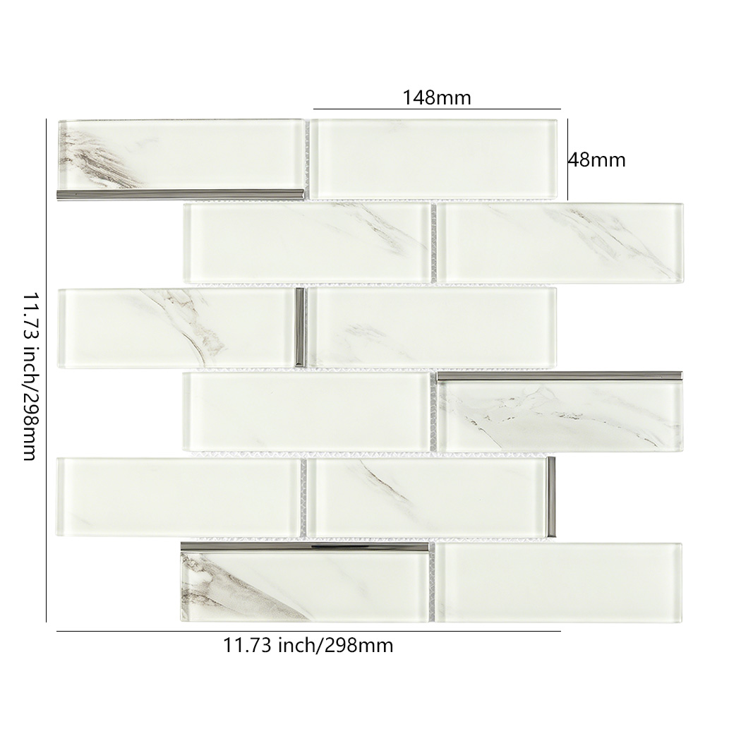 White marble glass subway tile sheet with 148x48 mm chips and silver line accents