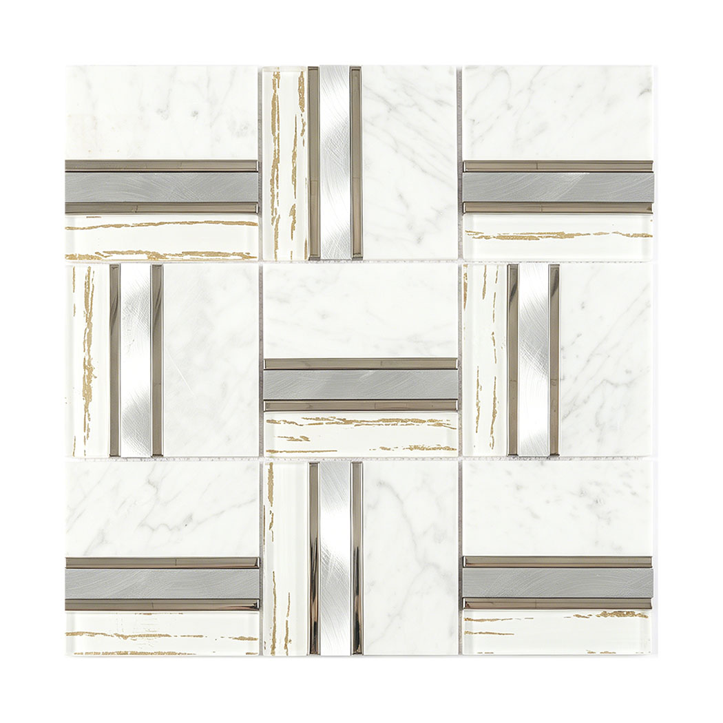 Front view of a mosaic tile sheet featuring white marble, glass with gold lines, and silver.
