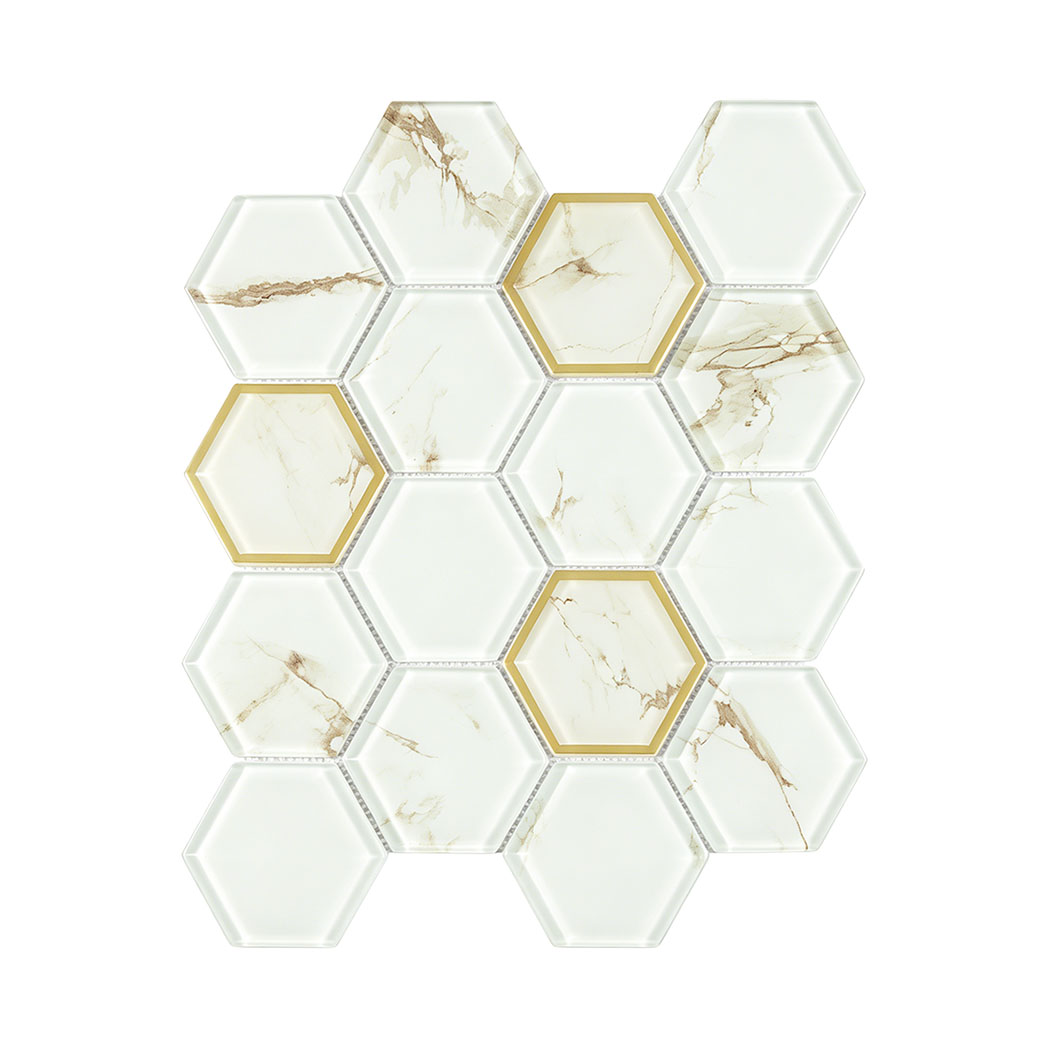 White marble hexagon glass mosaic sheet with electroplated gold glass frames