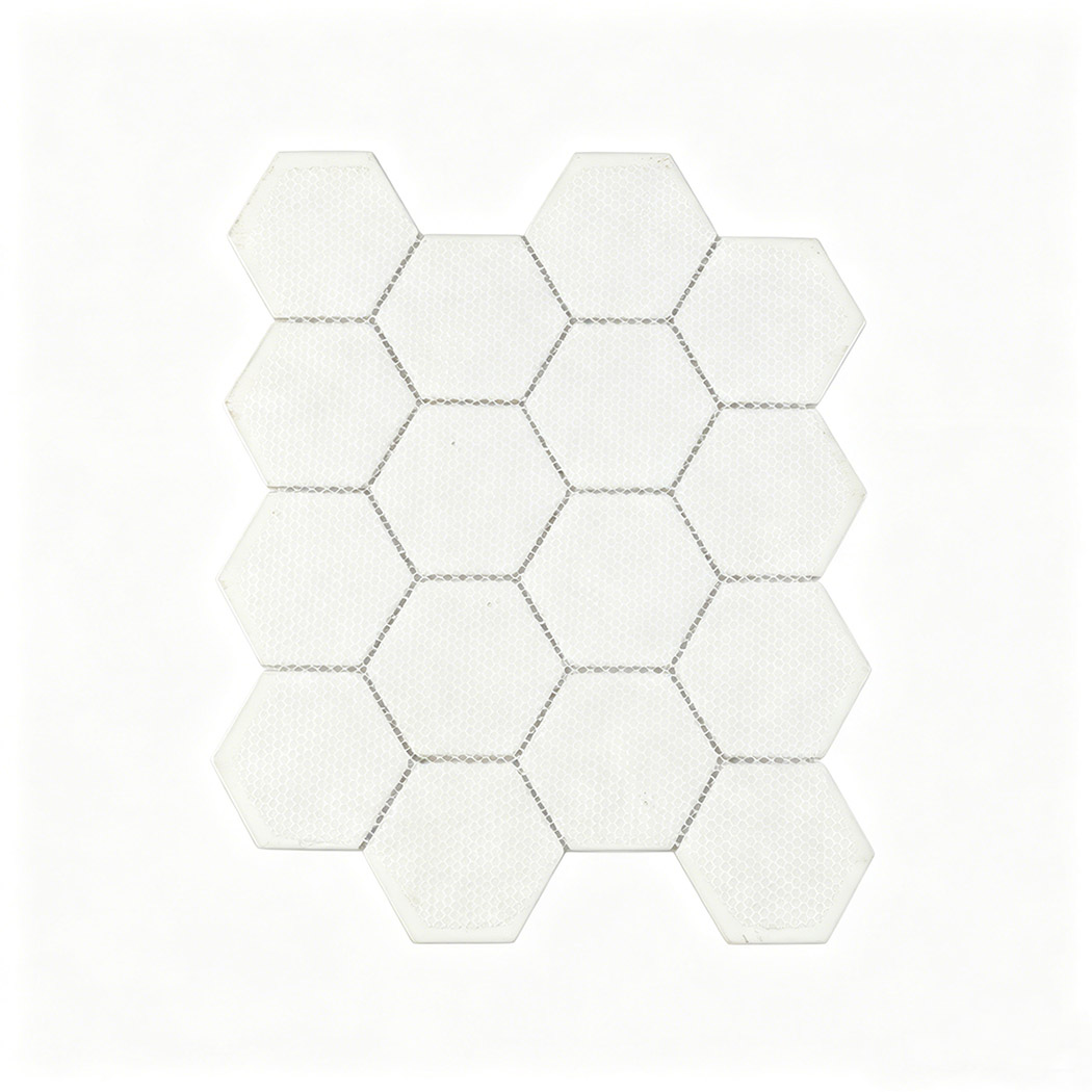 Back view of white marble hexagon glass mosaic sheet with mesh mounted backing