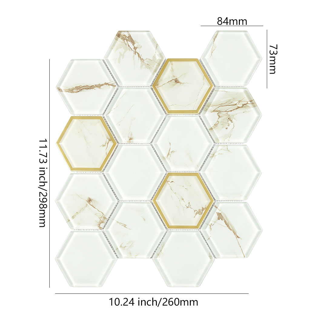 White marble hexagon glass mosaic with gold glass frames and size marks