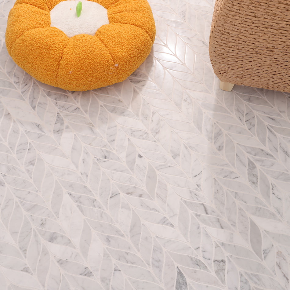 White Carrara Waterjet Leaf Marble Mosaic Tiles