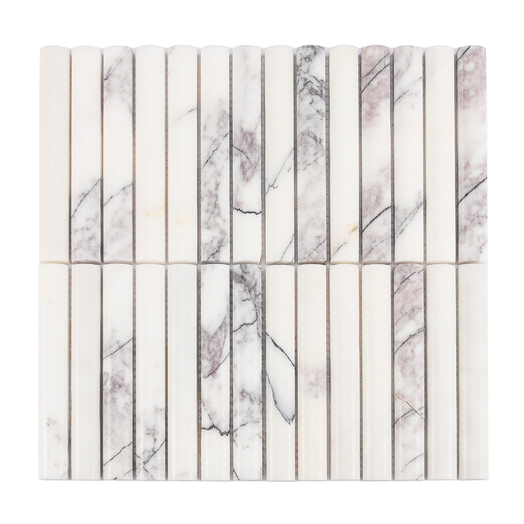Flat top-down view of a white marble linear mosaic tile sheet with natural grey veining.