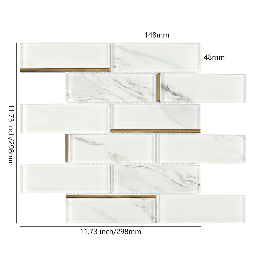 White marble look glass subway tile sheet with 148x48 mm chips and gold accents