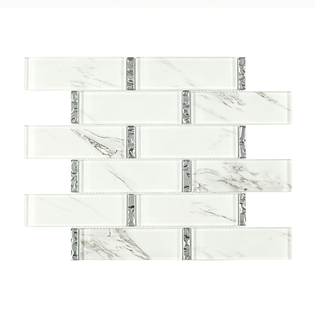 Front view of white marble look long glass mosaic tile in staggered layout