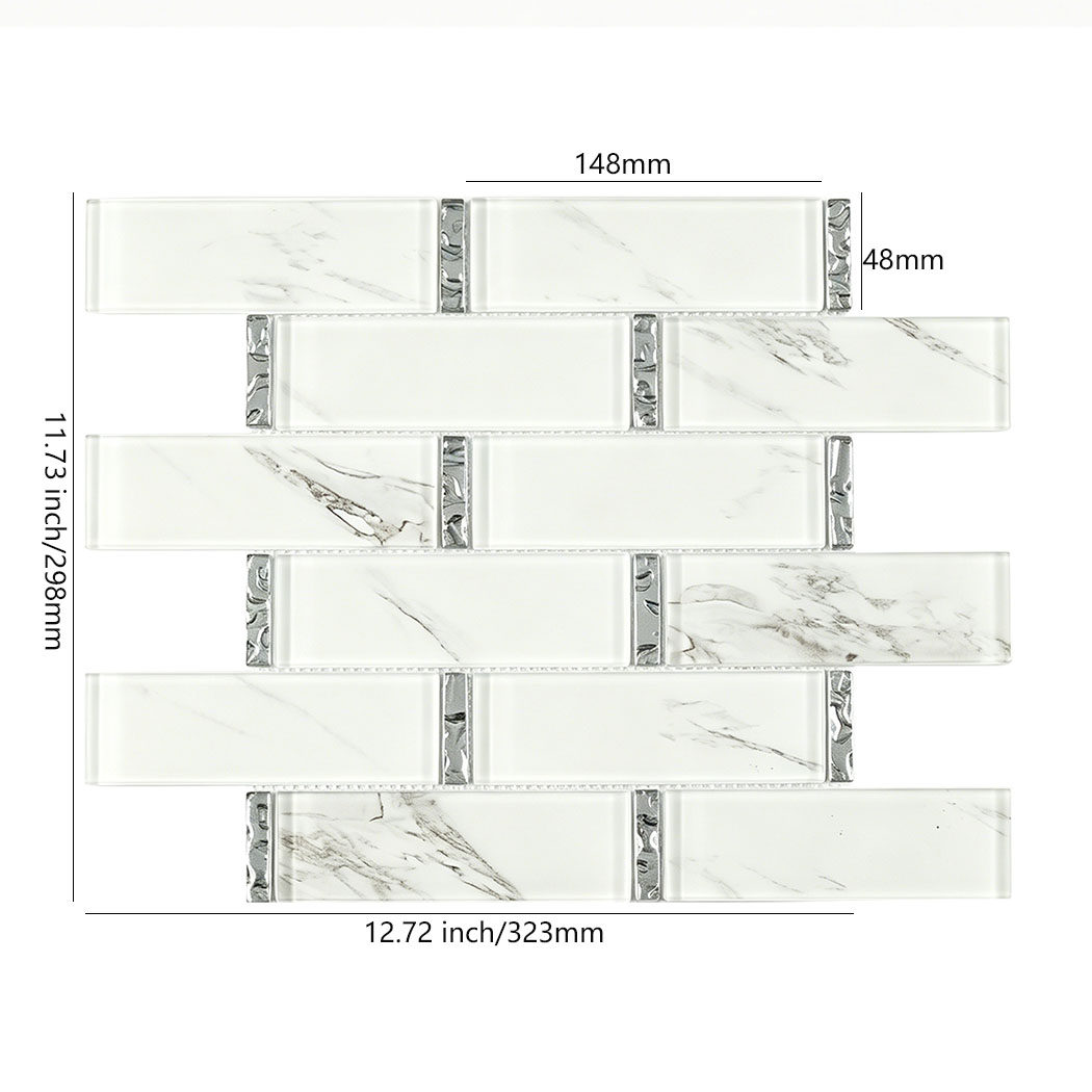 White marble look long glass mosaic tile sheet with 148x48 mm chips