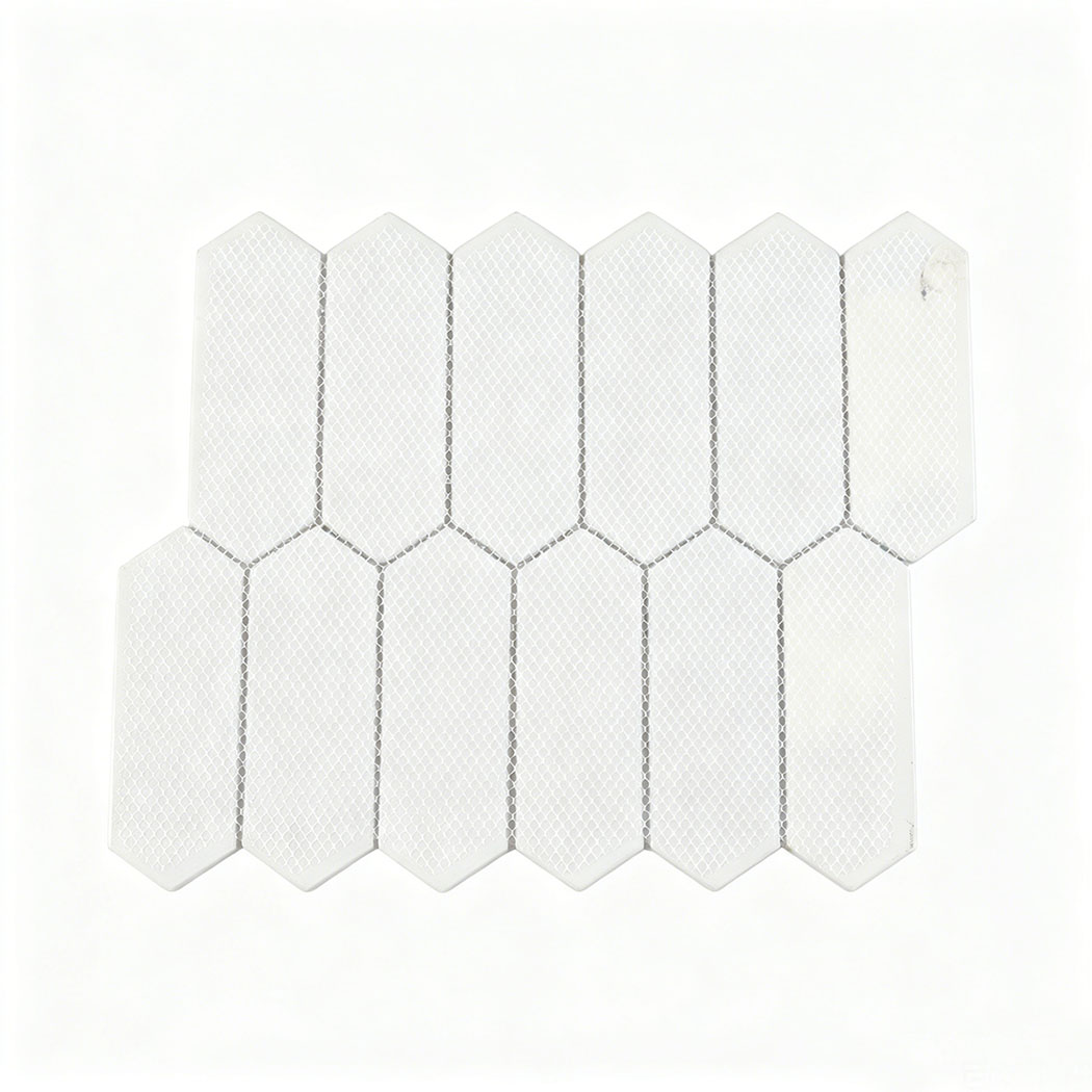 Back view of white marble look picket glass mosaic sheet with mesh backing