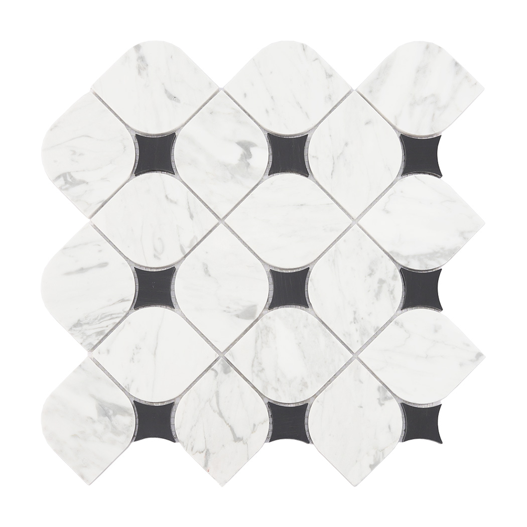 Full sheet of white marble mosaic tile with black square accents