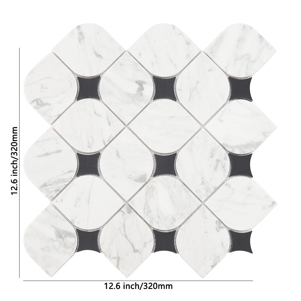 White marble mosaic tile sheet with black square accents and size details