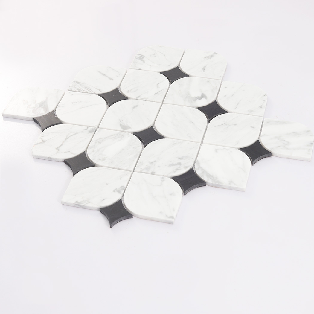 Angled display of white marble mosaic tile sheet with black square accents