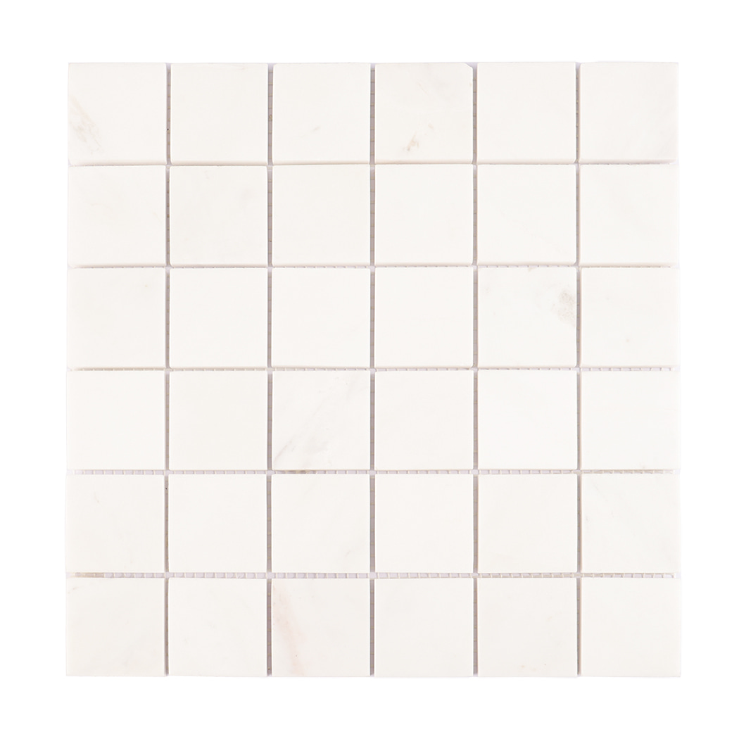 Front view of white marble square mosaic tile sheet.