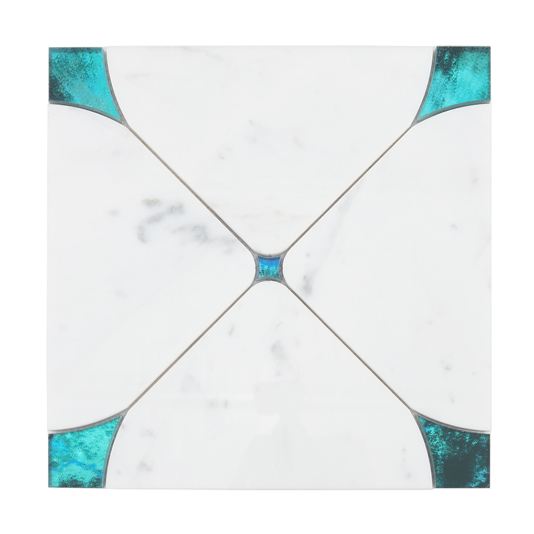 A flat top-down view of a white marble mosaic tile featuring teal glass corner and center inlays.