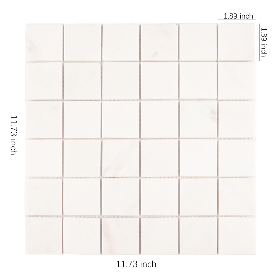 White marble square mosaic tile with size measurements in inches.