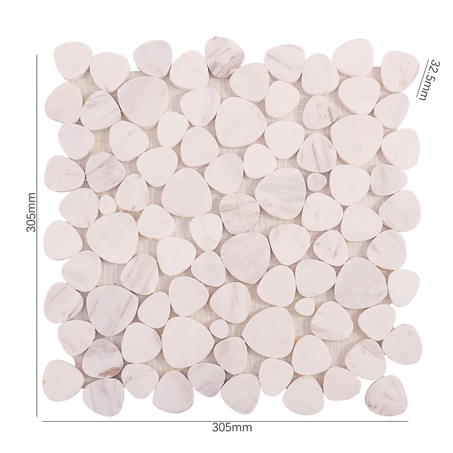 White marble pebble mosaic tile sheet with size measurements