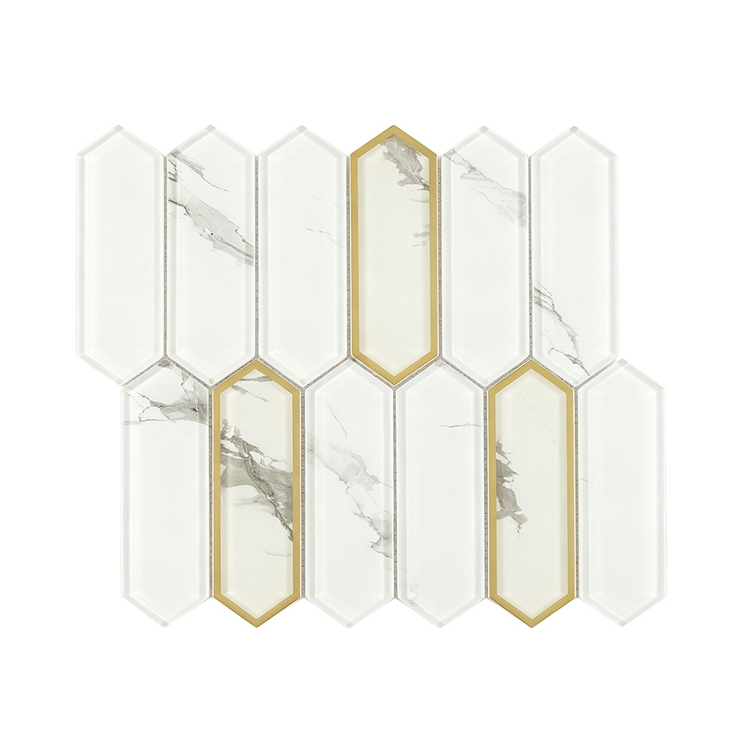 White marble picket glass mosaic sheet with gray veins and gold glass framed pieces