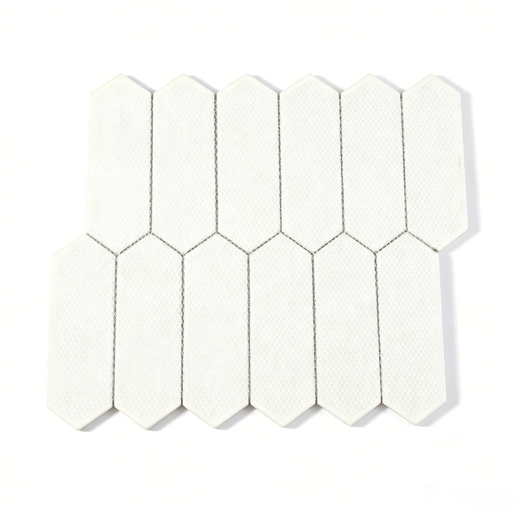 Back view of white marble picket glass mosaic sheet with mesh mounted backing
