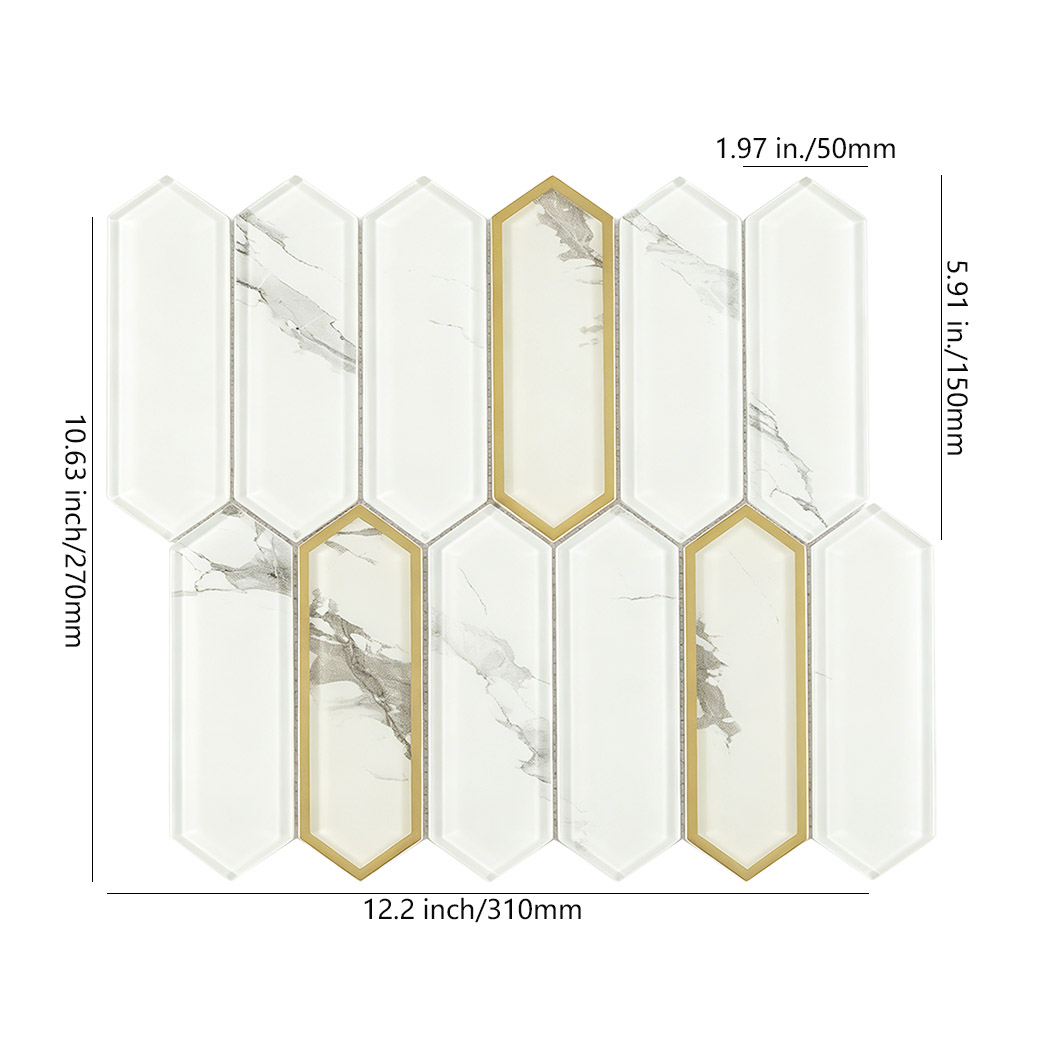 White marble picket glass mosaic with electroplated gold glass frame and size marks