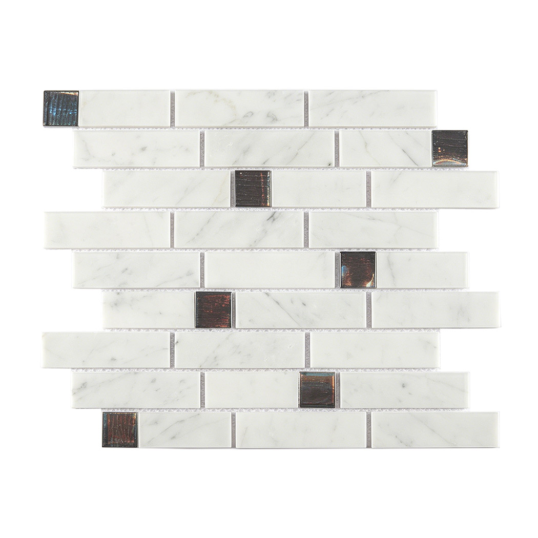White marble subway mosaic tile sheet with scattered iridescent dark glass inserts