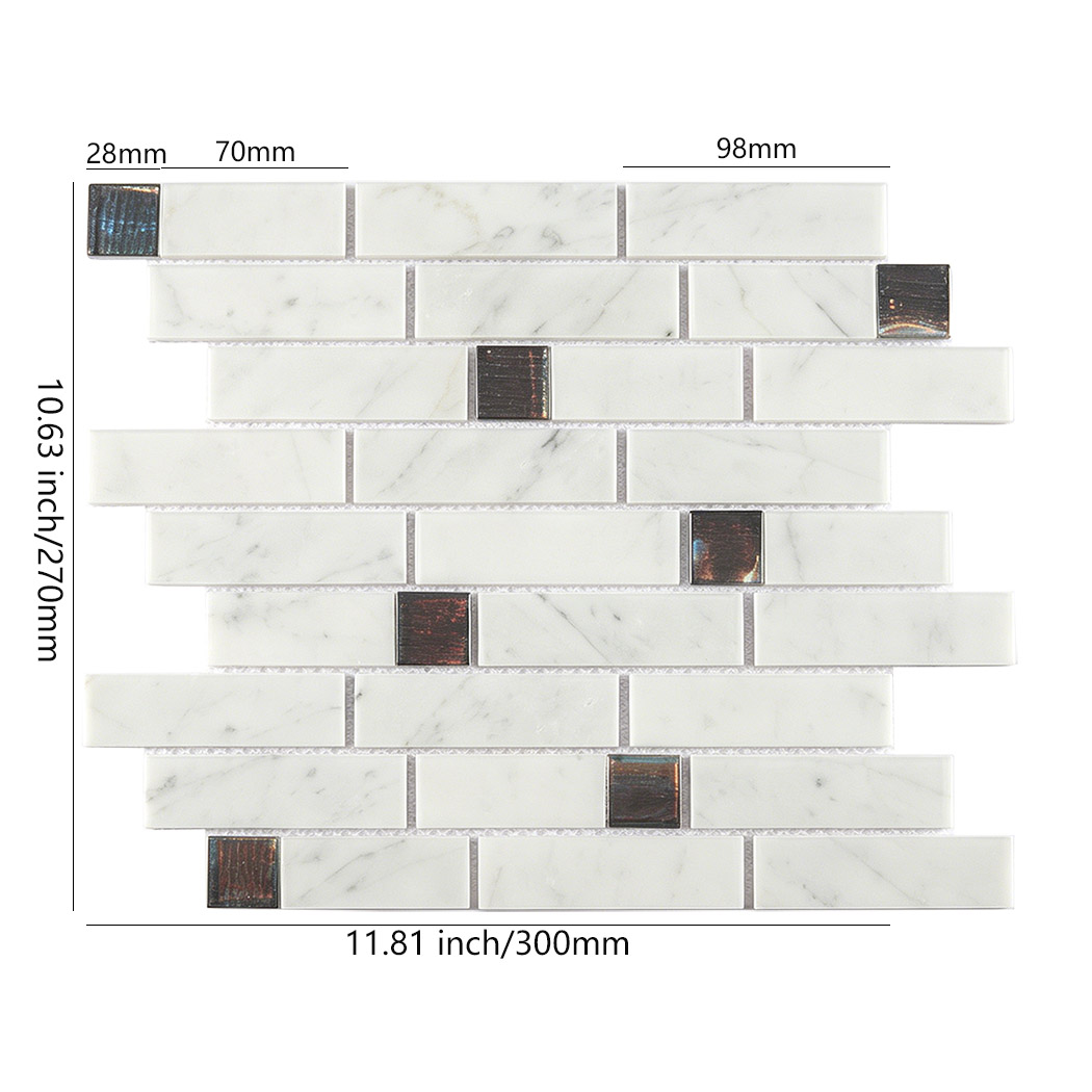 White marble subway mosaic sheet with iridescent black glass square accents