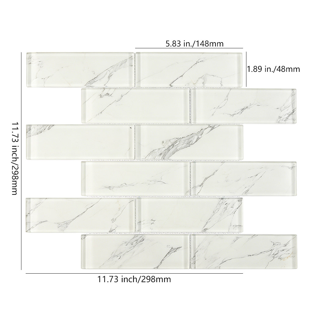 White marble vein glass subway tile sheet with 5.83 by 1.89 inch pieces