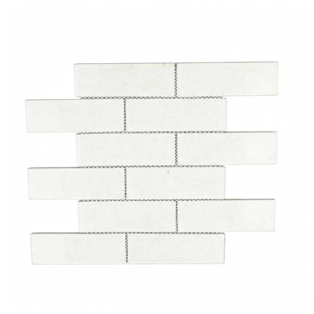 Mesh mounted back of white gray striped glass subway tile sheet