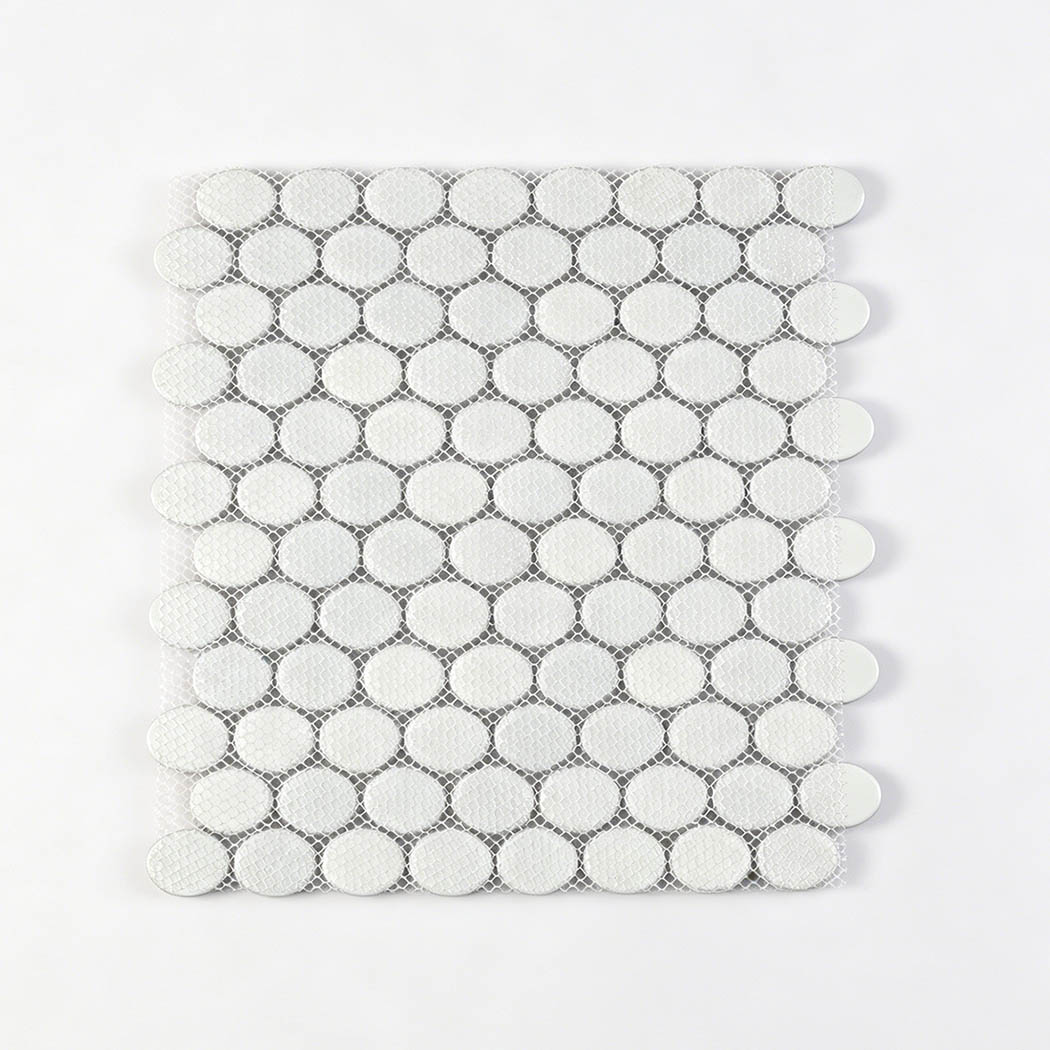 Back view of blue gray oval mosaic tile sheet with white mesh mounted backing