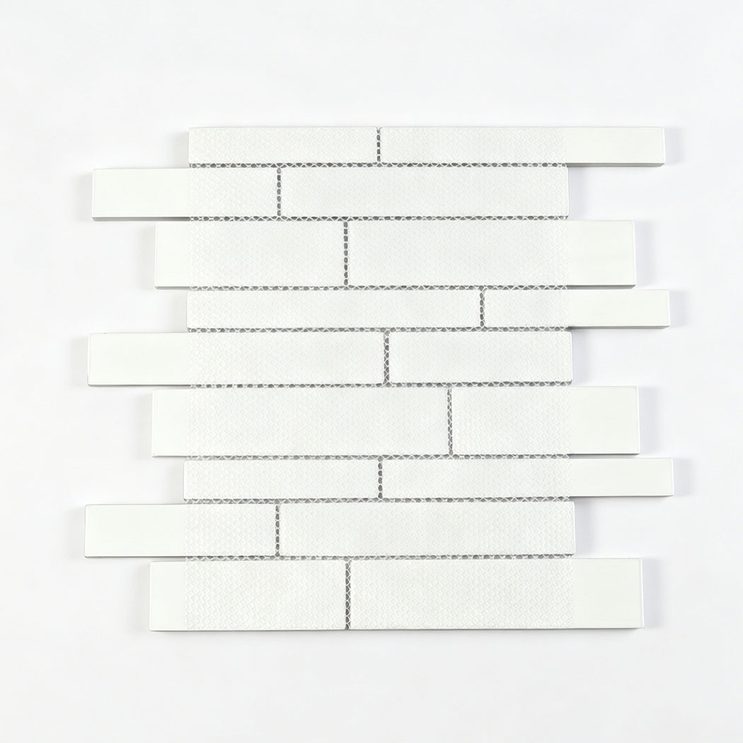 Back view of linear glass mosaic sheet with white mesh mounted backing