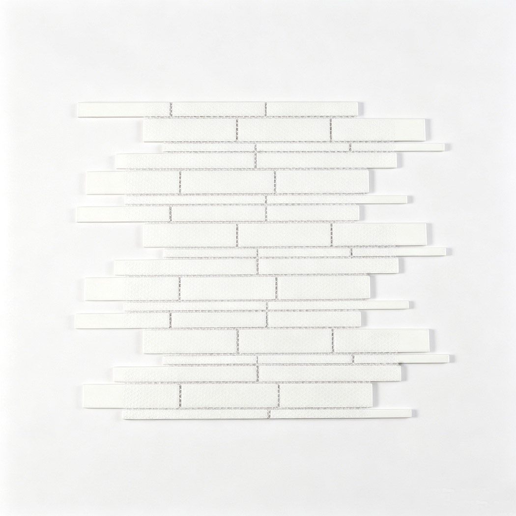 Back view of white linear glass mosaic tile sheet with mesh mounted backing