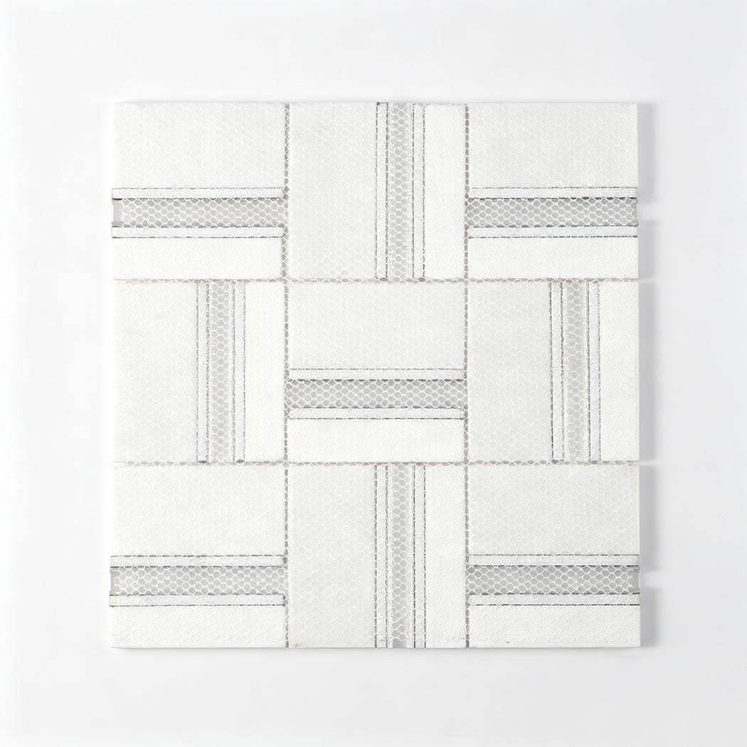 Back view of the interlocking mosaic tile sheet showing the supportive white mesh netting.