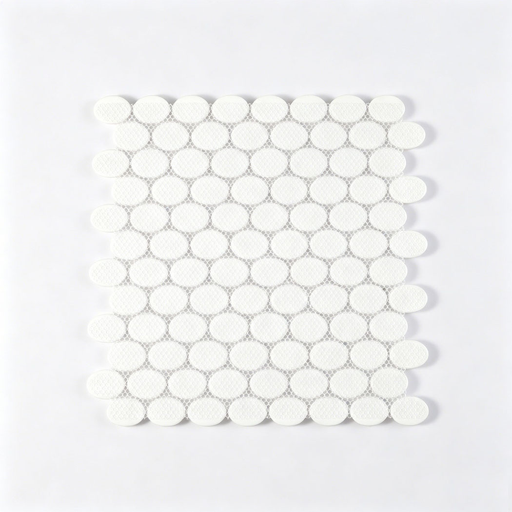Back view of white oval glass mosaic tile sheet with mesh mounted backing