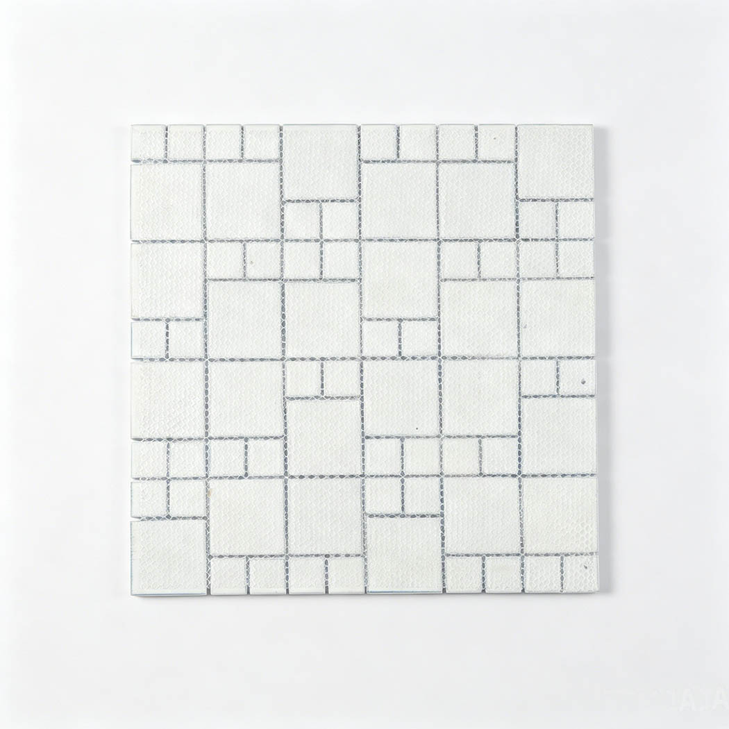 Back side of blue white square glass mosaic sheet on mesh backing