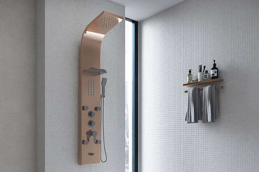 Bright white mosaic tile wall with luxury rose gold shower panel