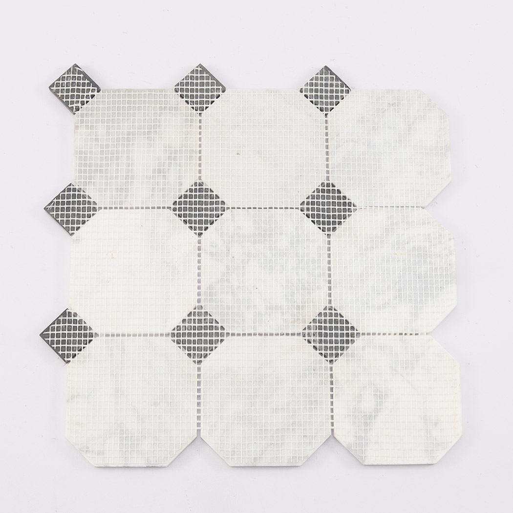 Back view of white octagon marble mosaic tile showing mesh mounted backing