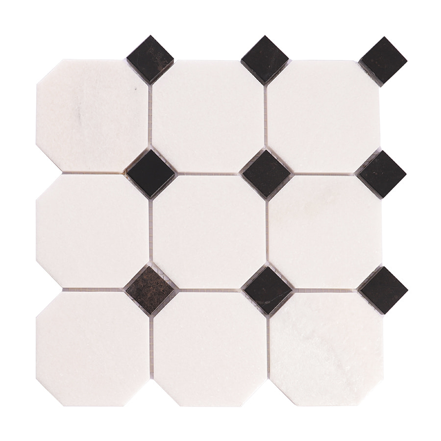 Front view of white octagon marble mosaic with black square accents