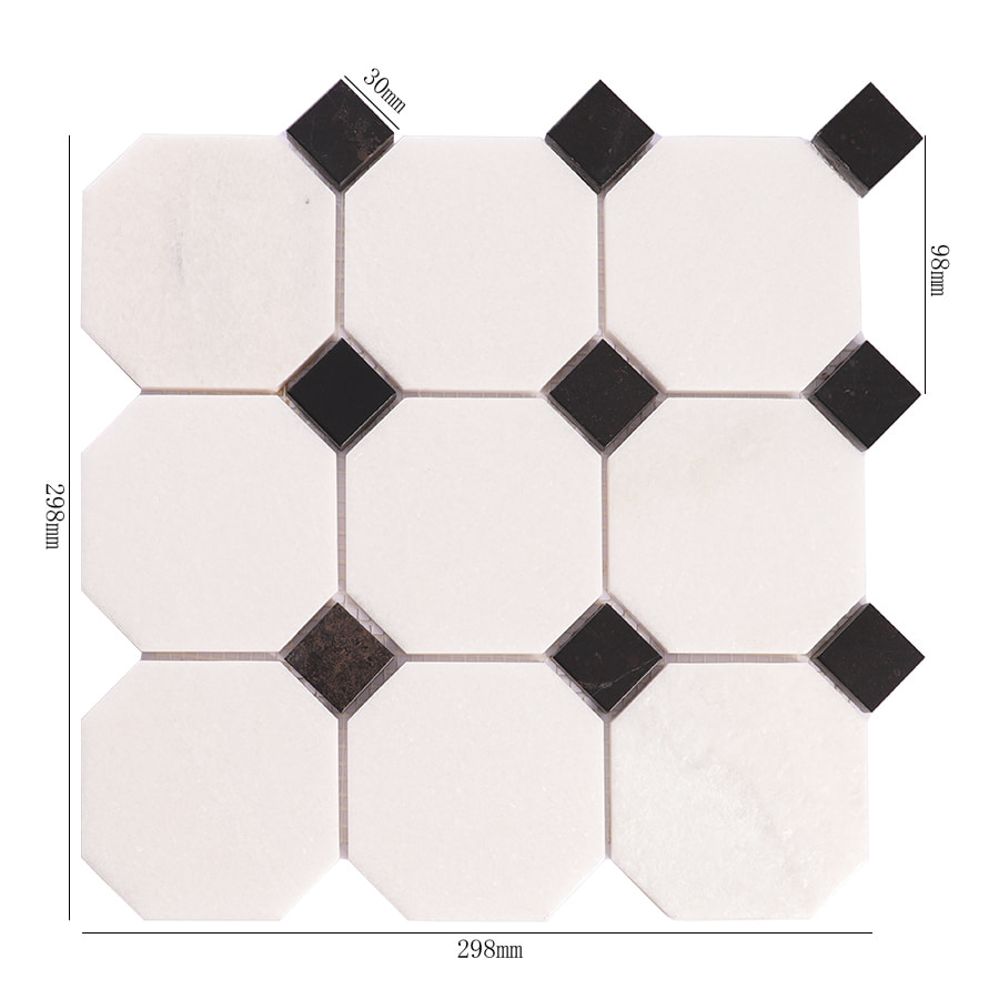 White octagon marble mosaic with black square accents and size dimensions