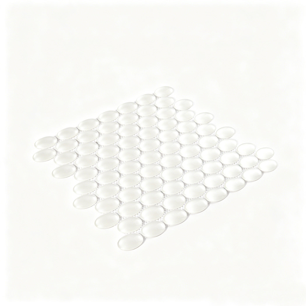 Perspective view of white oval glass mosaic tile sheet on a bright background