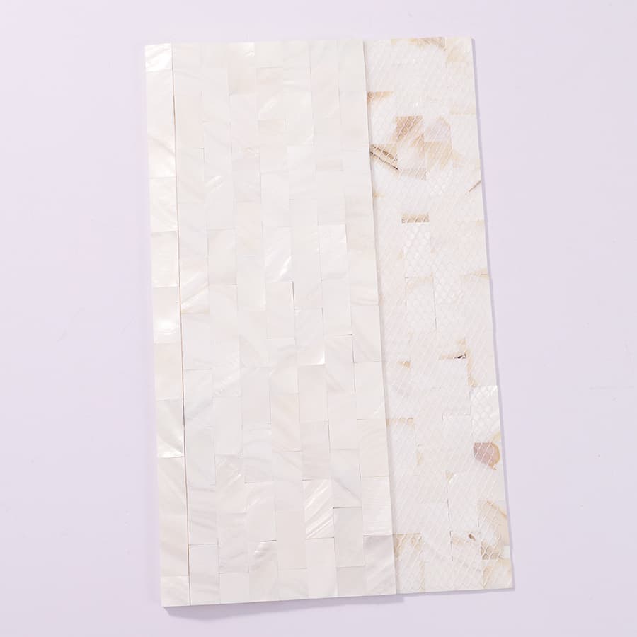 Front and mesh back side of white pearl strip mosaic tile sheet