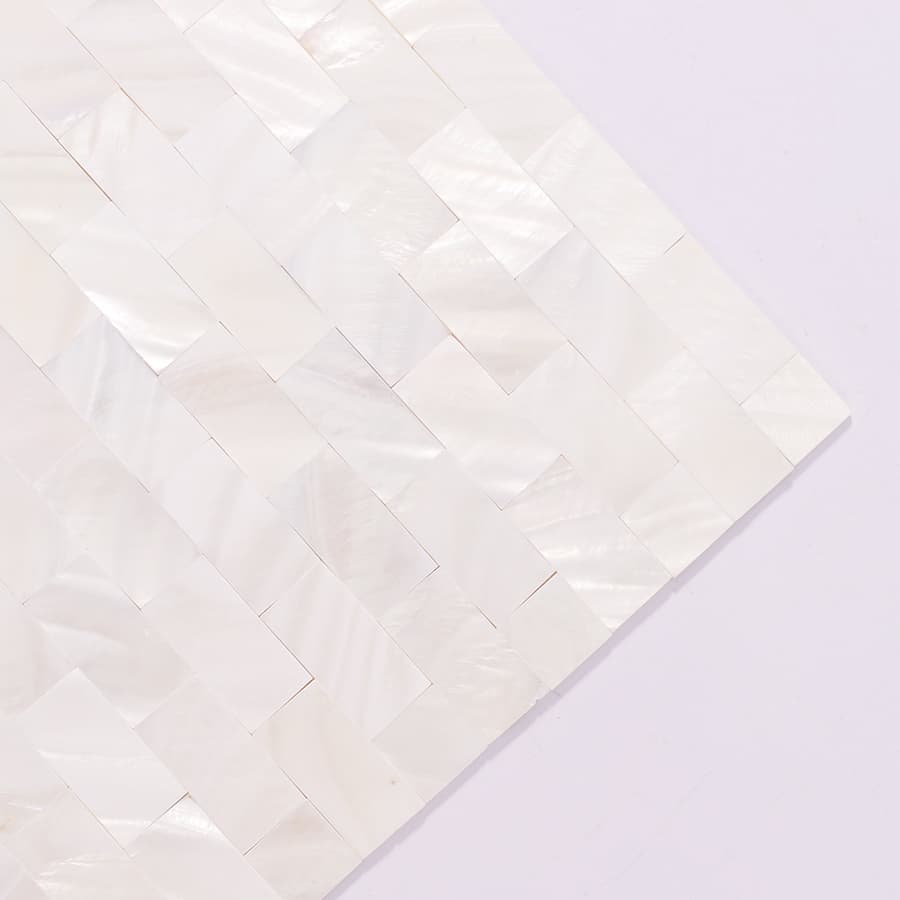 Angled corner view of white pearl rectangular mosaic sheet