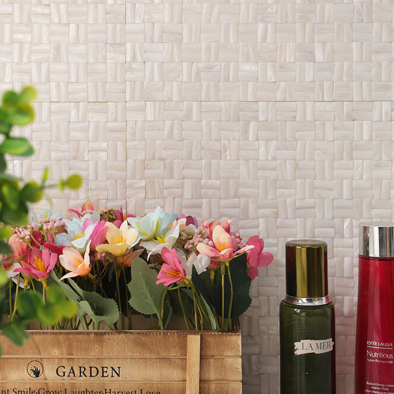 White rectangle tiles: natural shell mosaic in a luxury interwoven layout for wall decor.