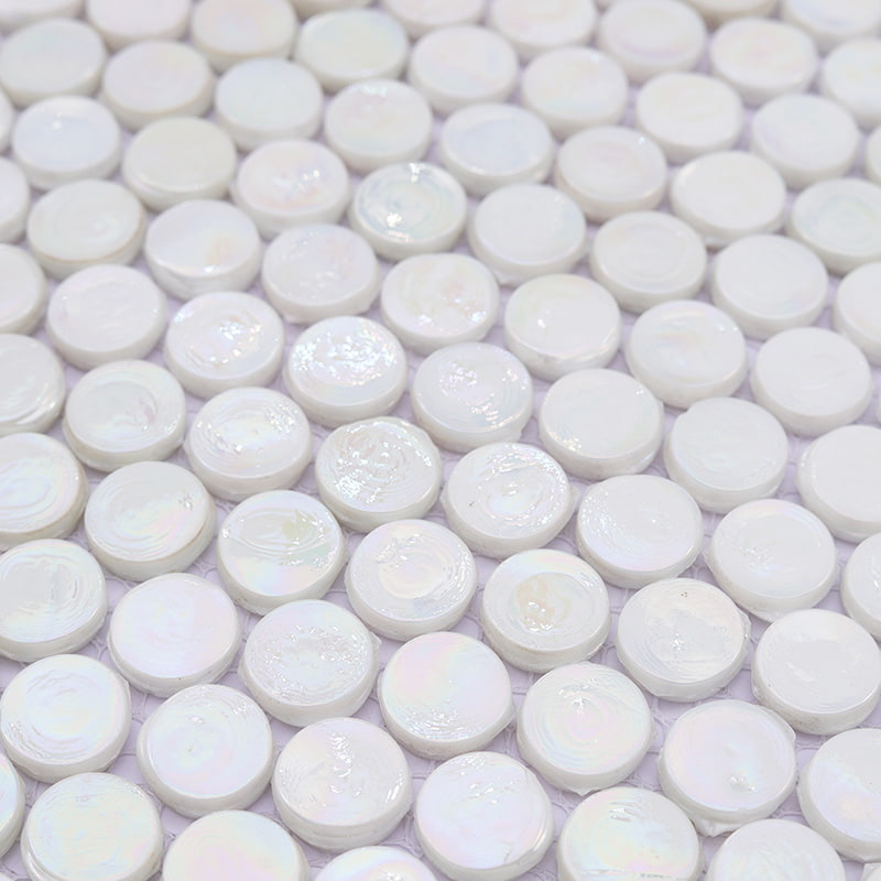 Iridescent white round glass mosaic tiles with a glossy finish, ideal for pools