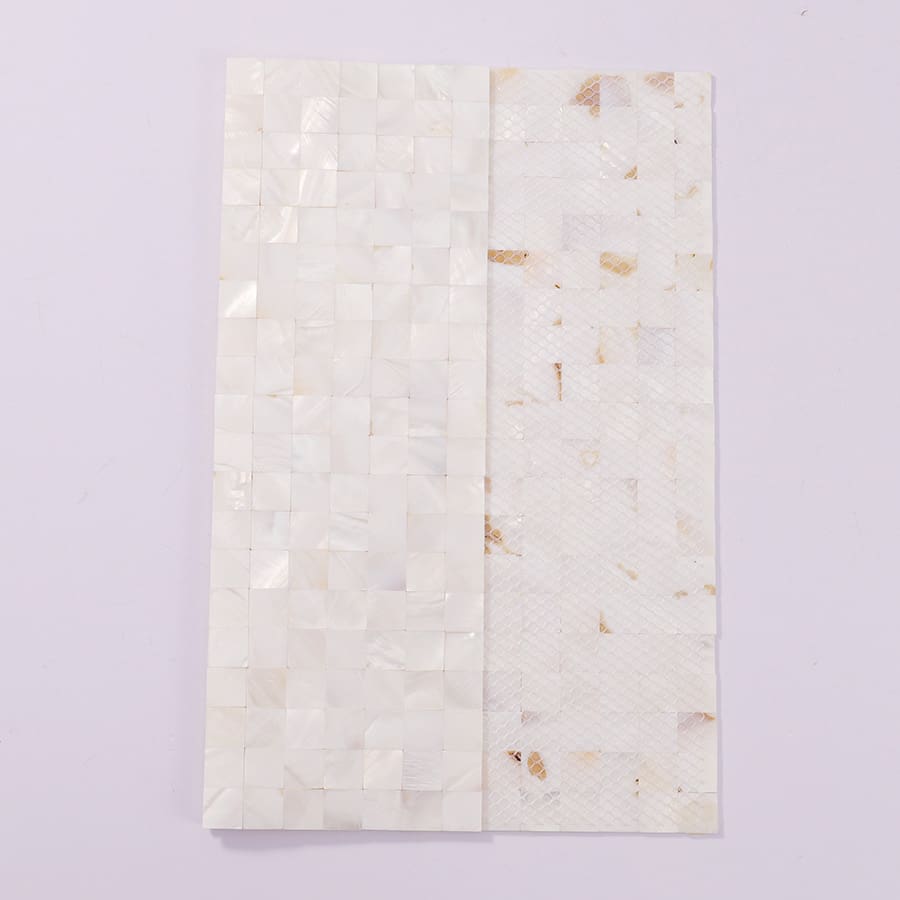 Front and mesh back view of white mother of pearl mosaic tile